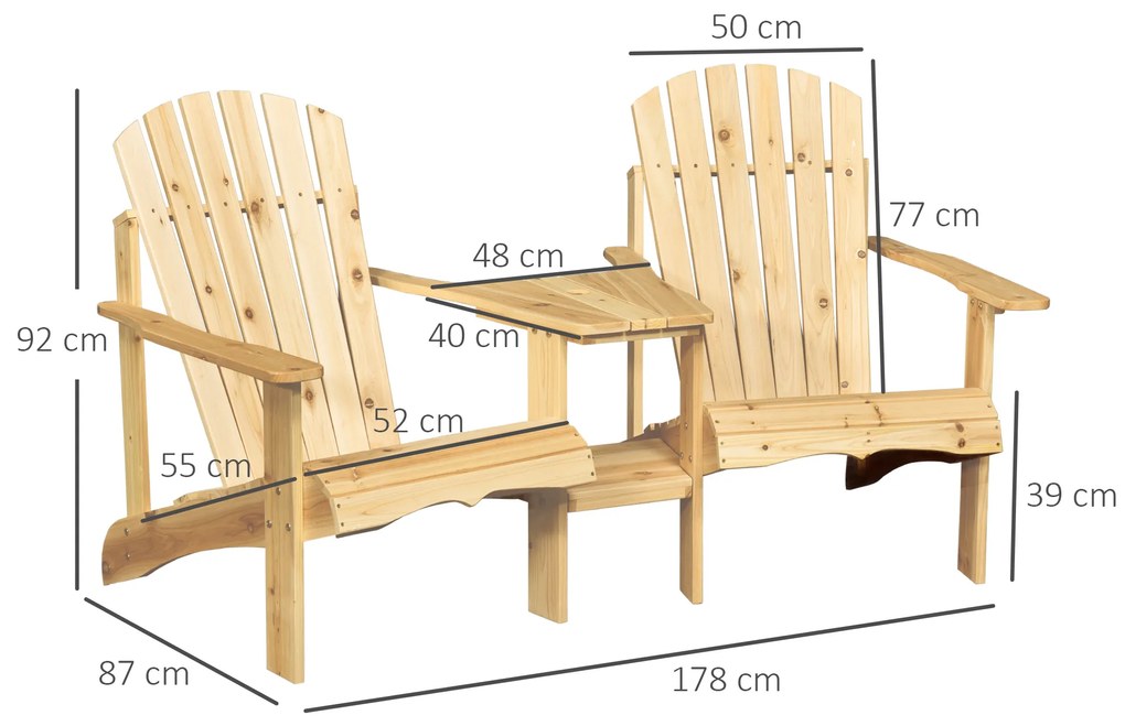 Outsunny Adirondack Gartenstuhl cu Masă și Orificiu pentru Umbrelă, 2 Locuri Scaun Grupa pentru Grădină Mobilier Exterior pentru Balcon Lemn Masiv Natural 178 x 87 x 92 cm | Aosom Romania
