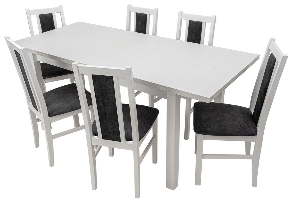 Set masa extensibila 120x150cm cu 6 scaune tapitate, MB-13 Max5 si S-38 Boss14 B24Z, alb, lemn masiv de fag, stofa