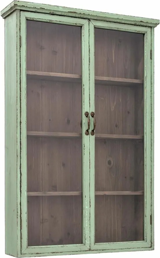 Vitrină de perete shabby chic din lemn masiv, verde, cu 2 uși vitrate, 3 rafturi și mânere curbate, finisaj antichizat, 122 x 81 x 18 cm, „Hazem”