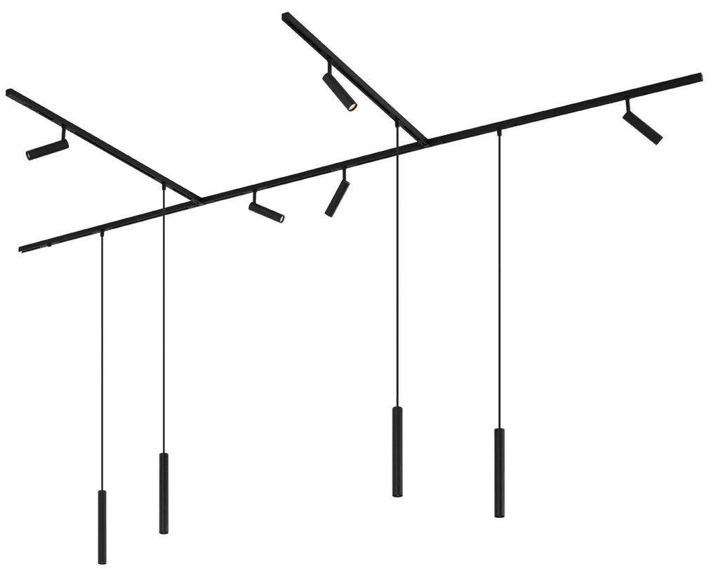 Sistem modern de iluminat pe șine cu 6 spoturi și 4 pendule negre monofazate - Slimline Uzzy Keno