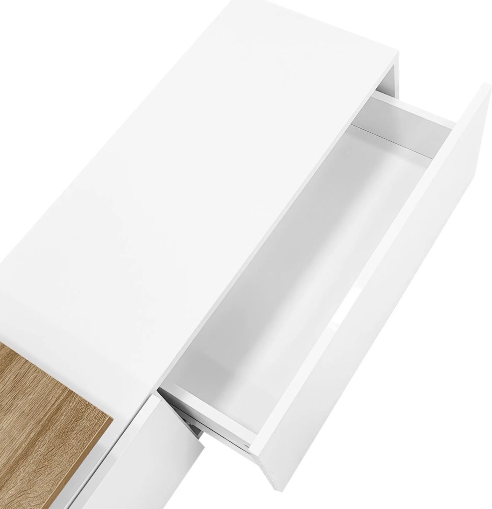 Comodă TV cu iluminare LED, spațiu de depozitare și rafturi din sticlă, 170x33x33,5 cm, Culoare naturală+Alb