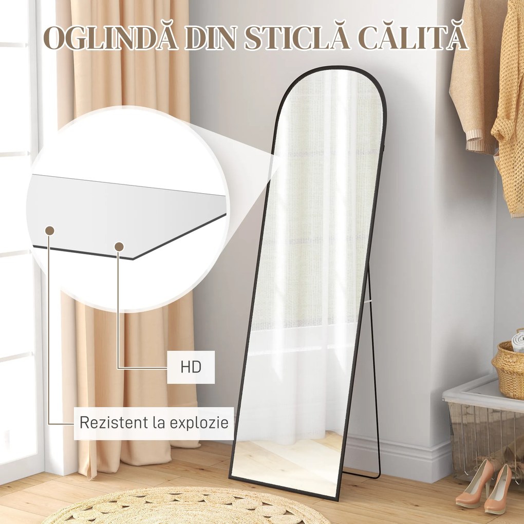 HOMCOM Oglindă de Podea și Perete, Oglindă Modernă cu Structură din Aliaj de Aluminiu și Suport Pliabil, 50x161.5 cm, Negru | Aosom Romania