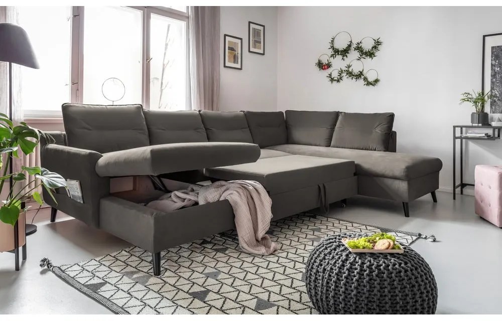 Canapea extensibilă din catifea în formă de „U” cu șezlong pe partea dreaptă Miuform Stylish Stan, gri închis