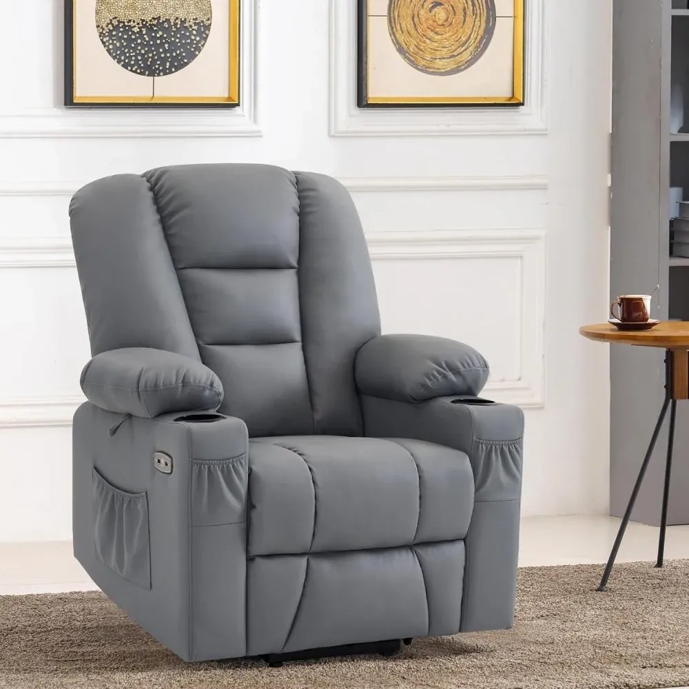 RESIGILAT- Fotoliu Electric Power Lift&Recliner, ridicare și rabatare, masaj și incalzire, porturi USB, suporturi pentru pahare, buzunare laterale, telecomenzi, PU, Gri