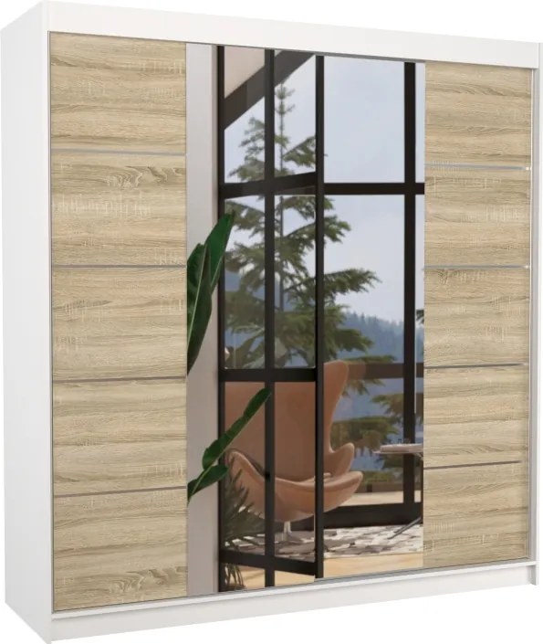 Dulap cu uși glisante DALMATIA – cu oglindă – 200x58x215 cm – Alb / Sonoma