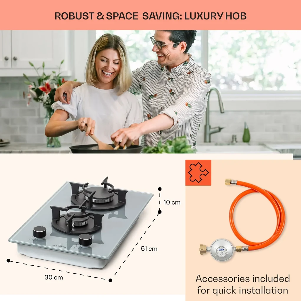 Firetale, plită cu gaz, 2 arzătoare, arzătoare din aluminiu, gaz natural/propan, inclusiv furtun și reductor de presiune