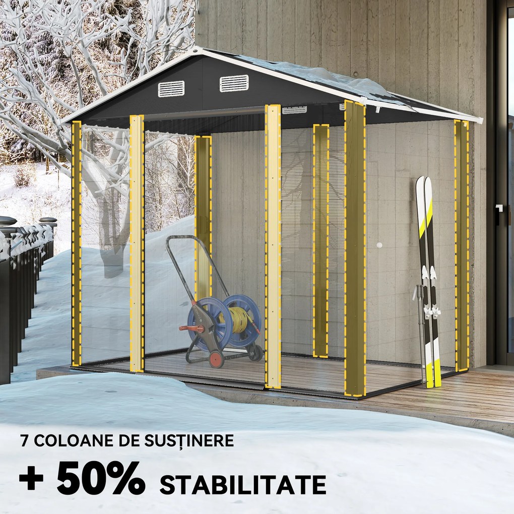 Outsunny Magazie de Gradina, Suport pentru Unelte din Otel cu Usi Glisante si Orificii de Aerisire, 196x236x208 cm, Maro | Aosom Romania