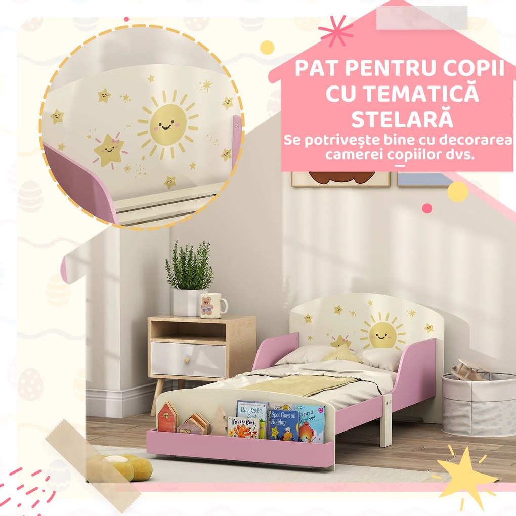 AIYAPLAY Pat copii mic, cadru cu design stele și spațiu de depozitare, roz | Aosom Romania