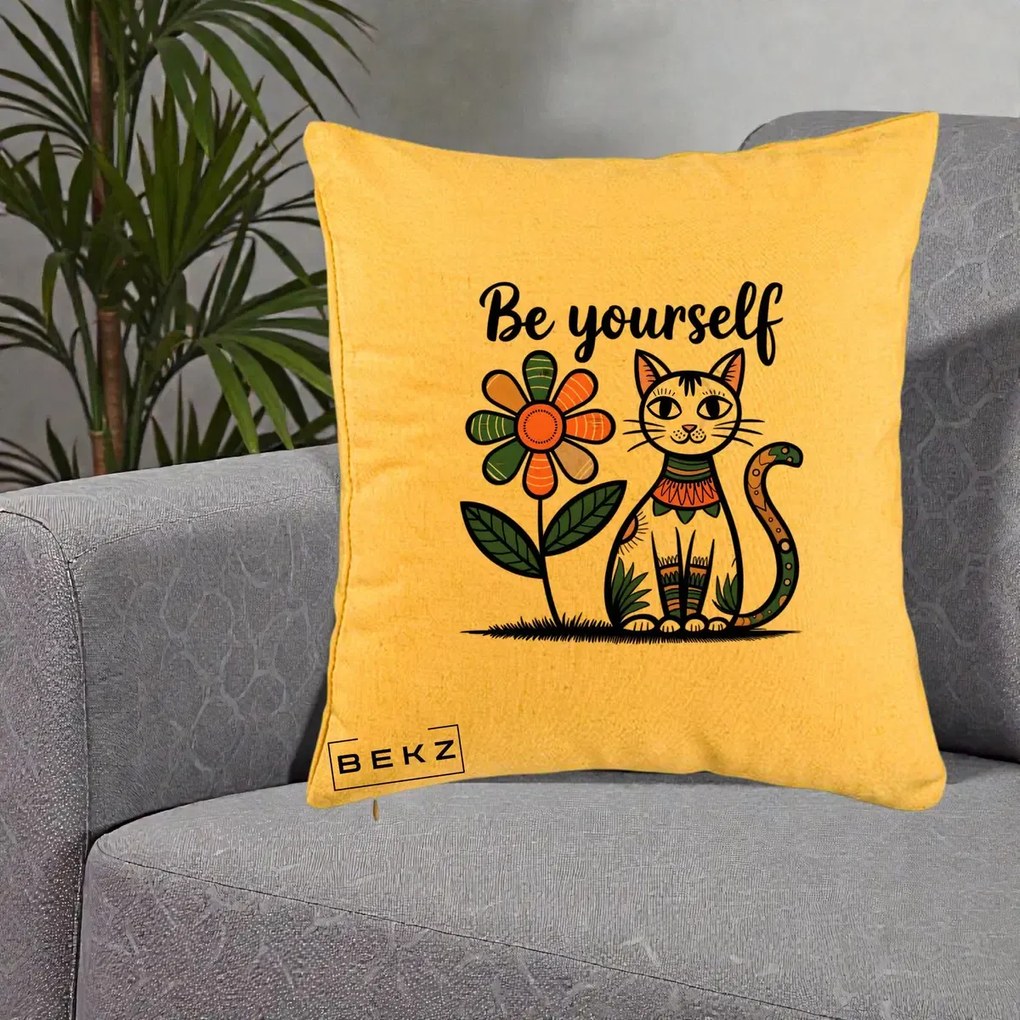 Perna Personalizata Be Yourself Pisica Folk, 40x40 cm, Galben, Husa Detasabila, Perna Inclusa, BEKZ®