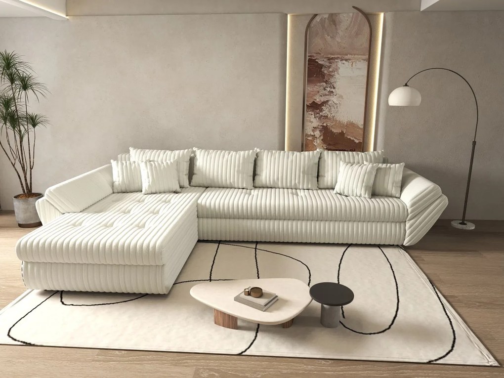 Colțar extensibil dumonde cu ladă de depozitare si sezut confortabil din spuma high-density, Loana XL Ambience Ivory 335x185 cm