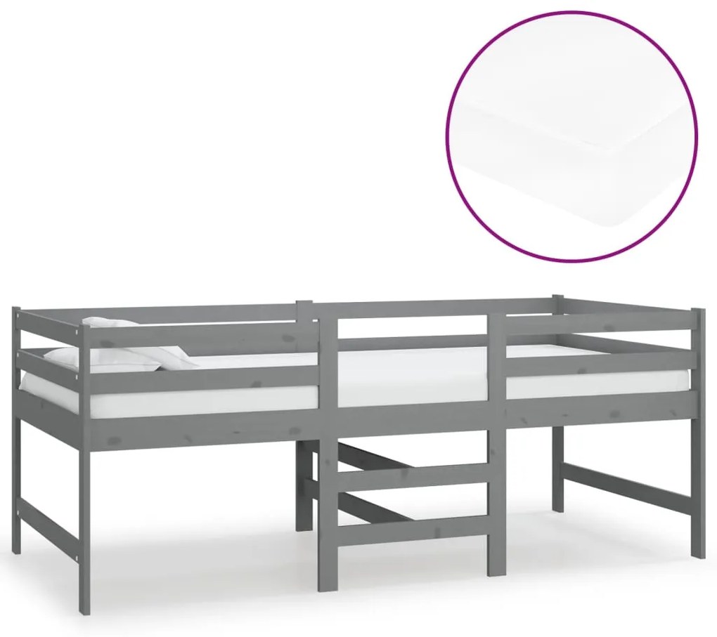 3083716 vidaXL Pat înălțime medie cu saltea, gri, 90x200 cm, lemn masiv pin
