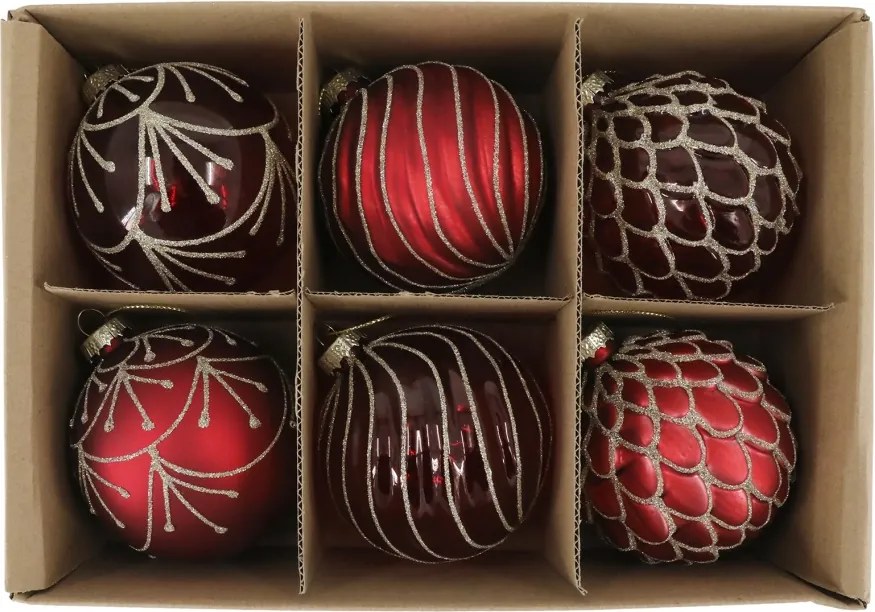 Set 6 globuri de Crăciun vintage din sticlă pictată manual, D8 cm, „Antique Cherry”