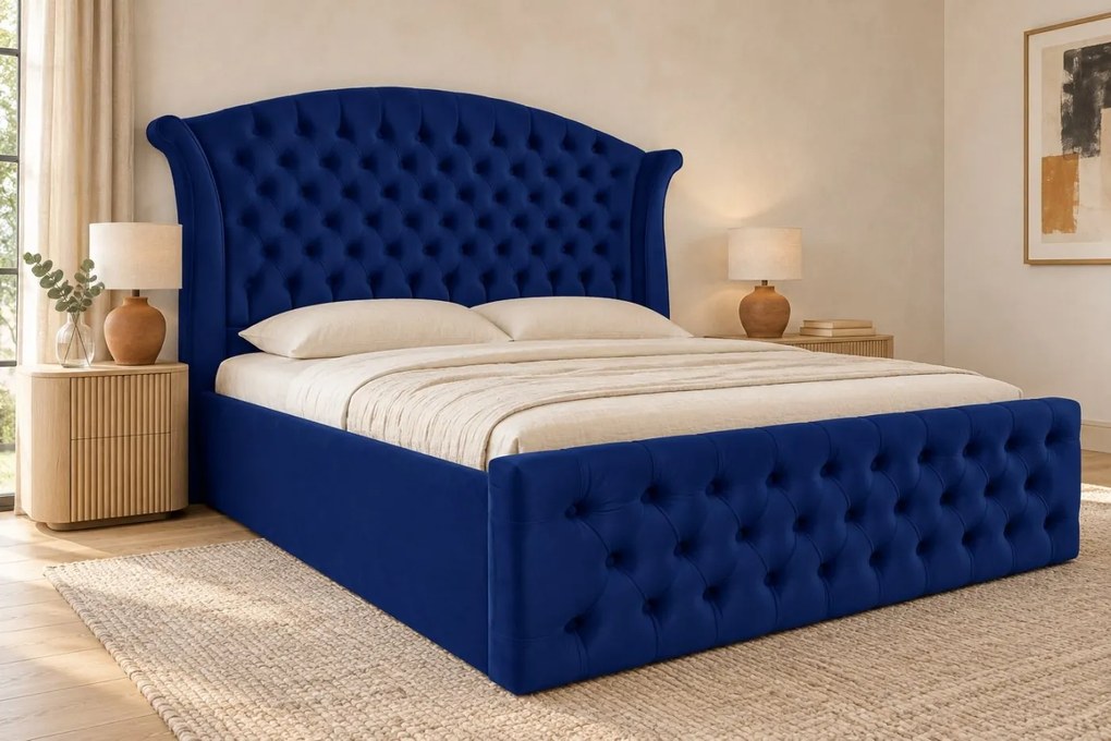 Pat tapițat Chesterfield din catifea Sorella Simple 180×200 cm, bleumarin, cu ladă de depozitare
