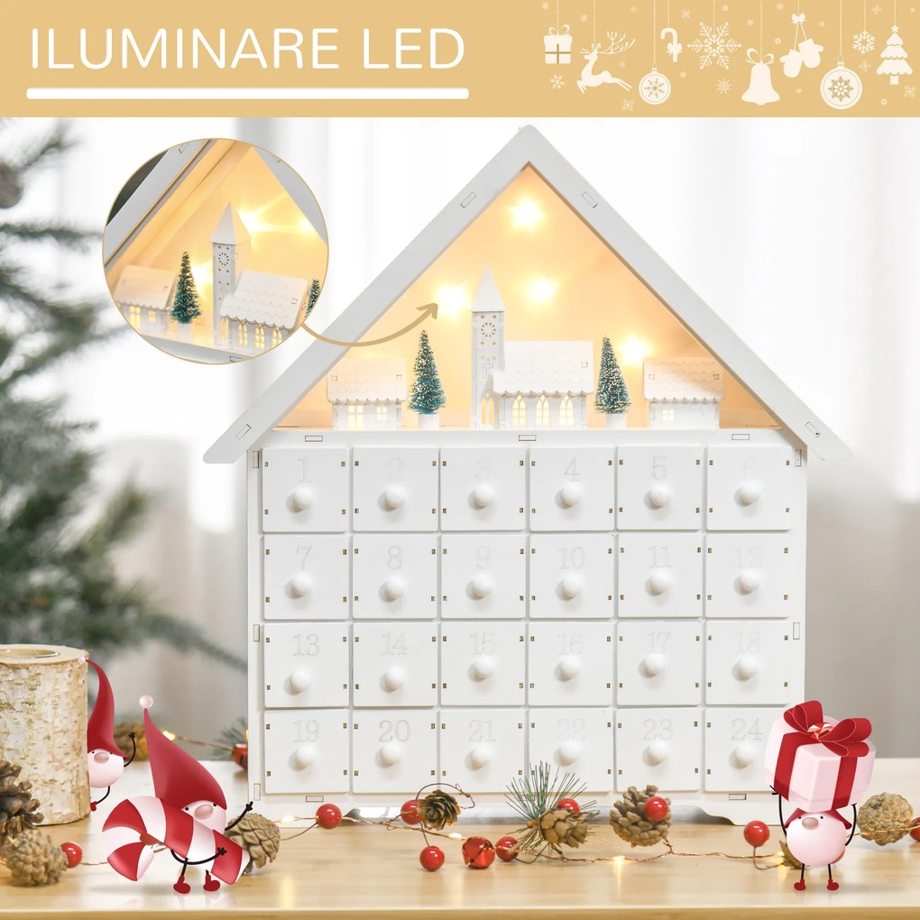 Calendar de Advent, Calendar din Lemn cu 24 sertare, decoratiune de craciun cu lumini HOMCOM | Aosom Romania