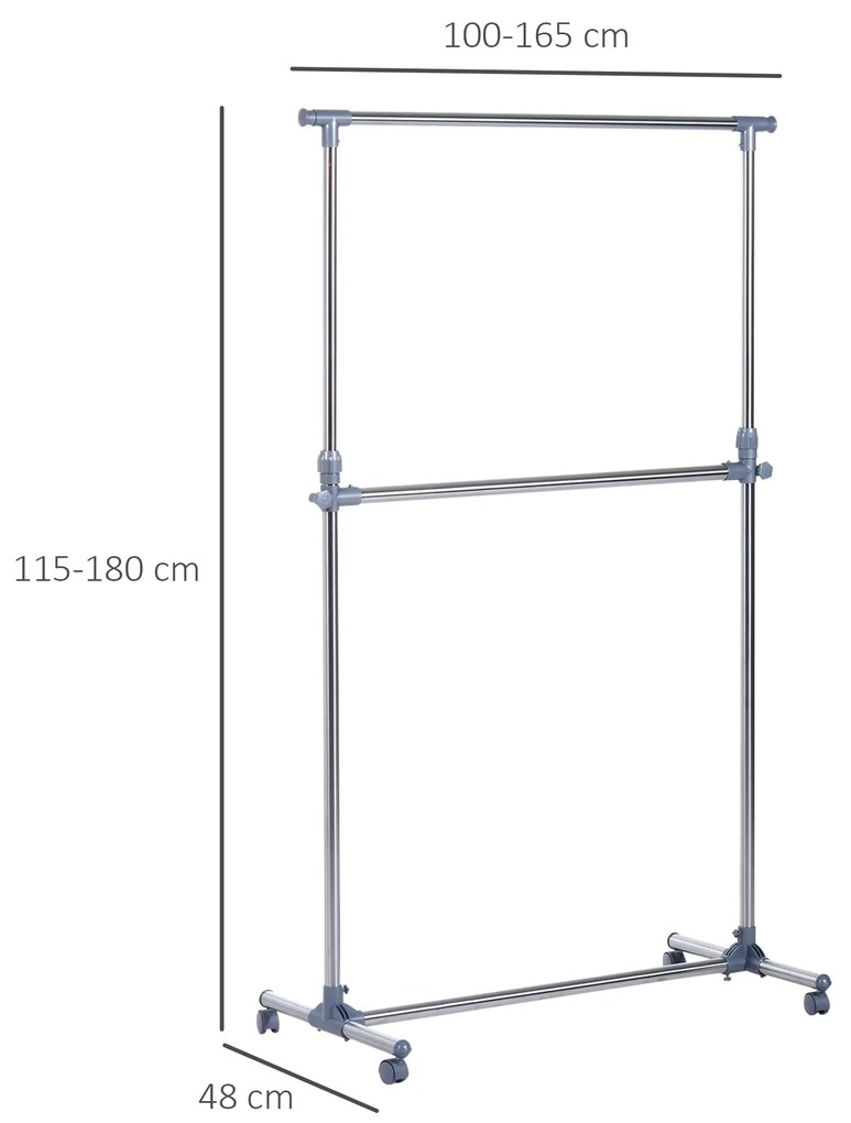 HOMCOM Cuier pentru haine cu inaltime si extensie reglabile, 165 x 48 x 180 cm, Inox / ABS, Argintiu / Gri | Aosom Romania