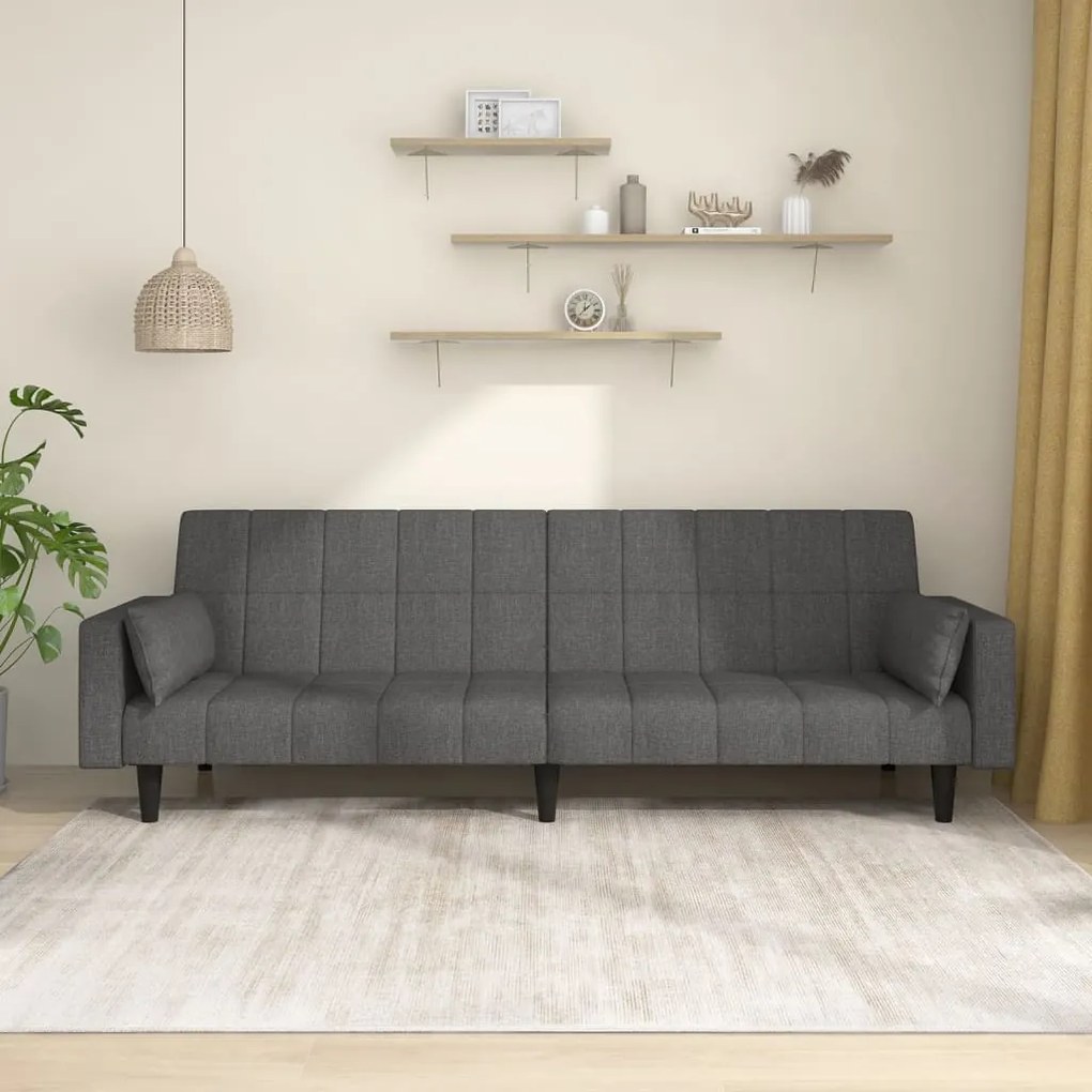 337490 vidaXL Canapea extensibilă cu 2 locuri, 2 perne, gri închis, textil