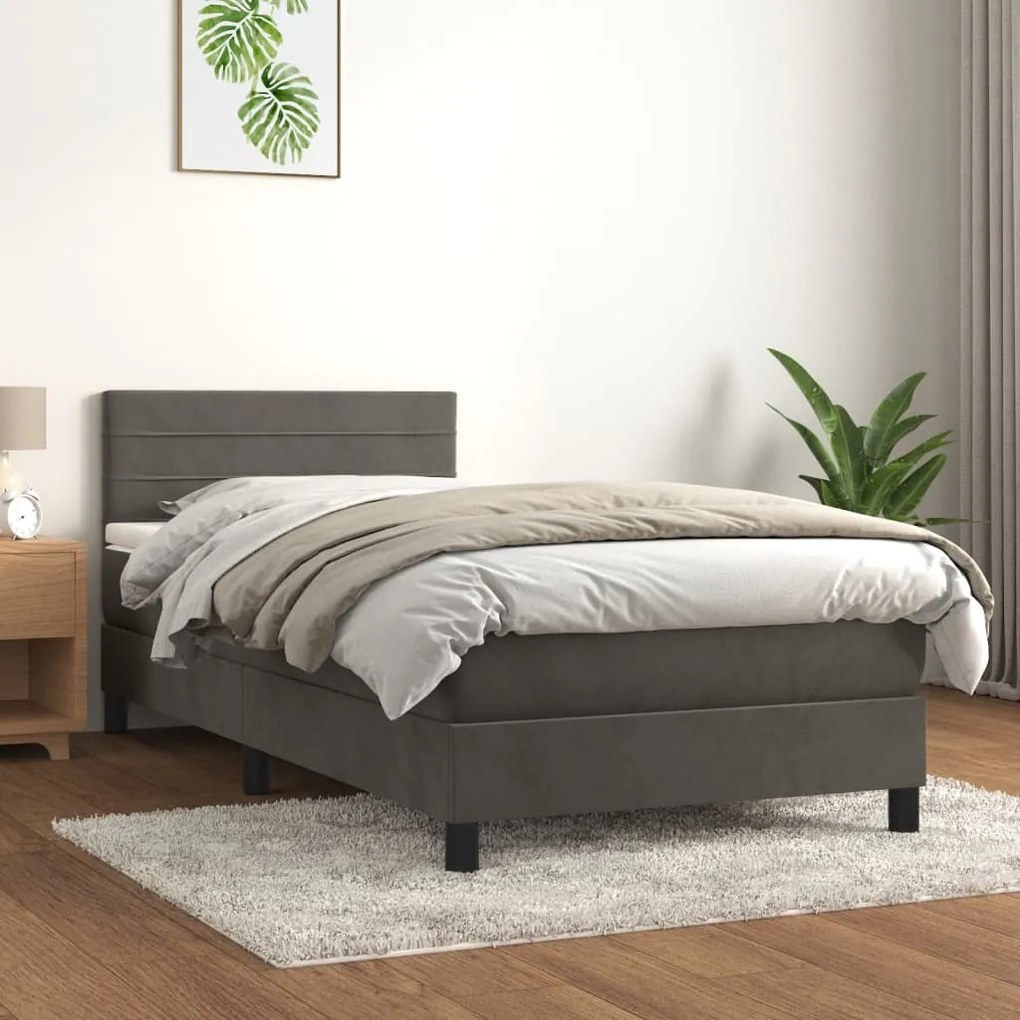 3141336 vidaXL Pat box spring cu saltea, gri închis, 90x190 cm, catifea