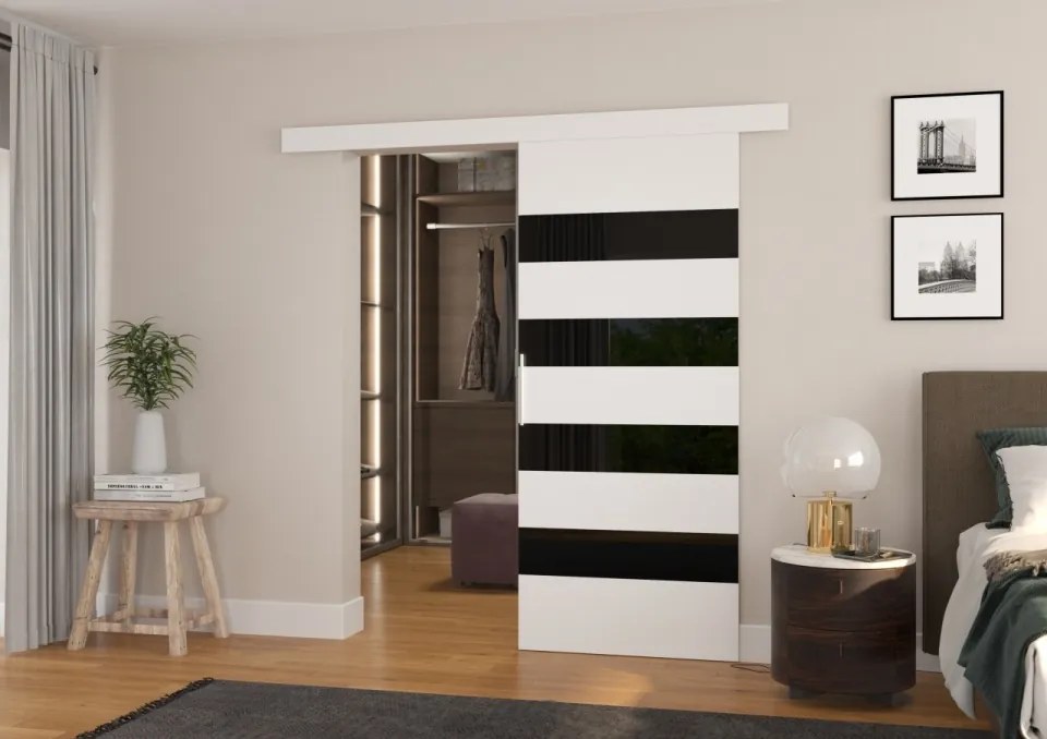 Usa glisanta, 96x205 cm, Milou, ADRK Furniture (Latime: 96 cm, Culoare: Ciocolata /Negru Lacobel)