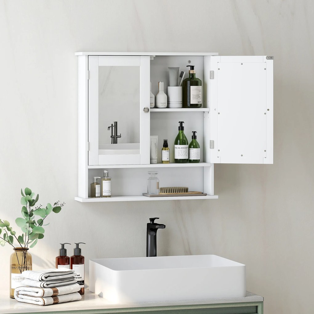 kleankin Dulap Suspendat pentru Baie cu 2 Uși cu Oglindă și Raft Deschis, Raft Interior Reglabil, Mânere Metalice, 56x13x58 cm, Alb | Aosom Romania