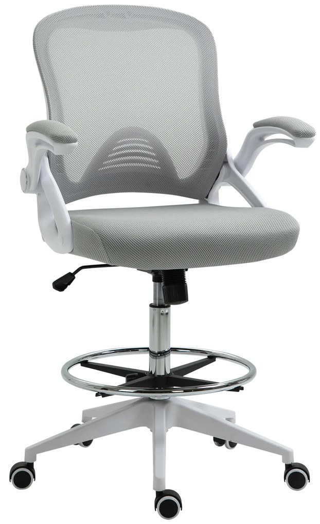 Vinsetto Scaun de birou ergonomic, cu înălțime reglabilă, suport picioare, brațe rabatabile, plasă respirabilă, 360° rotativ, gri/alb | Aosom Romania