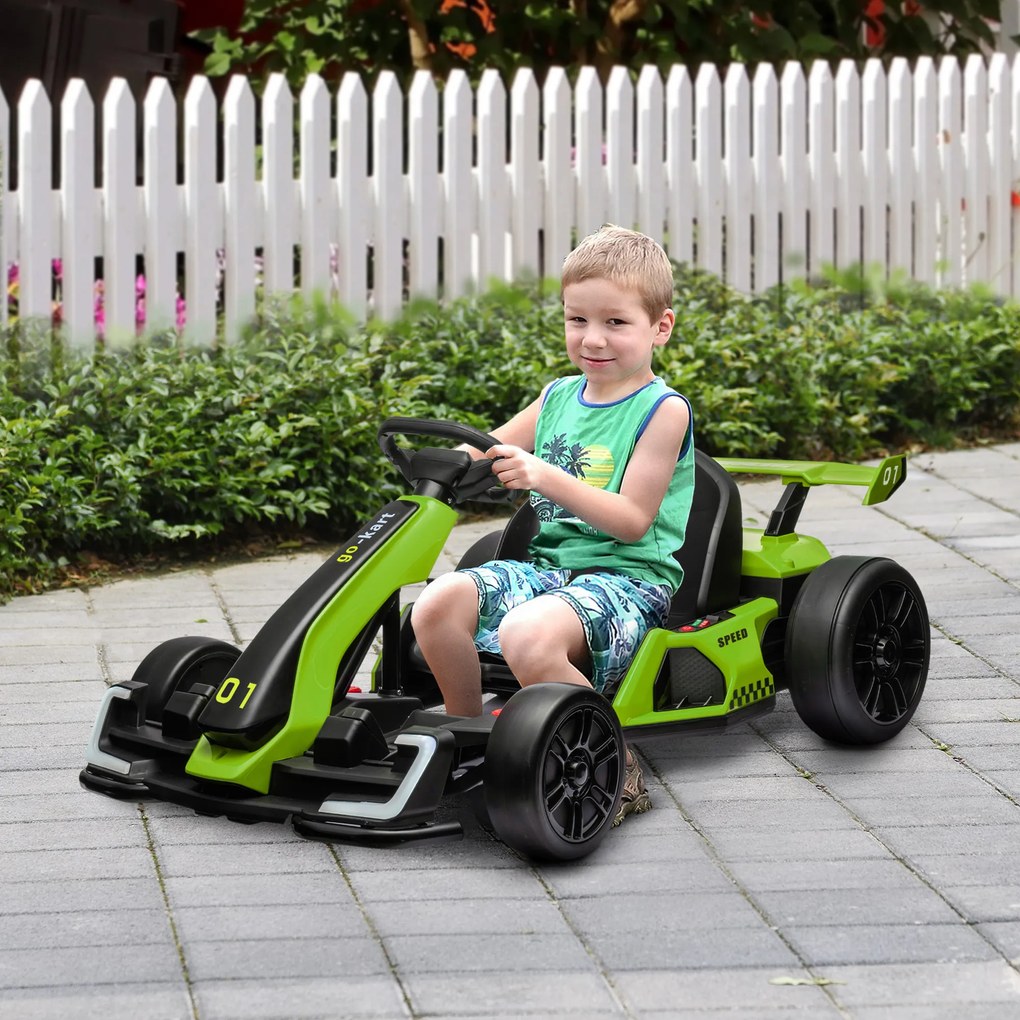 HOMCOM Go Kart Electric pentru Copii cu Scaun Reglabil, 2 Motoare, Claxon, Lumini și Muzică, 120x76x53,5 cm, Verde | Aosom Romania