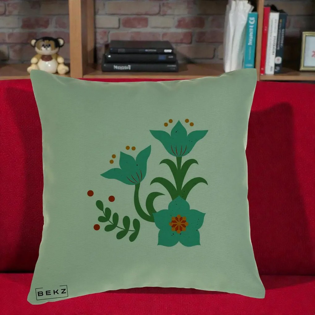 Perna Decorativa Flori Stilizate Folk Turcoaz, 40x40 cm, Verde, Husa Detasabila, Perna Inclusa, BEKZ®