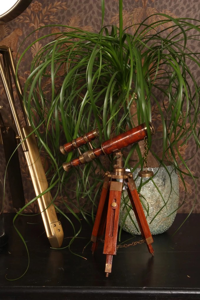 Telescop decorativ din alamă și lemn, maro, aspect vintage, cu trepied reglabil și capac pe lanț, finisaj antichizat, 41 x 26 x 24 cm, „Galilée”