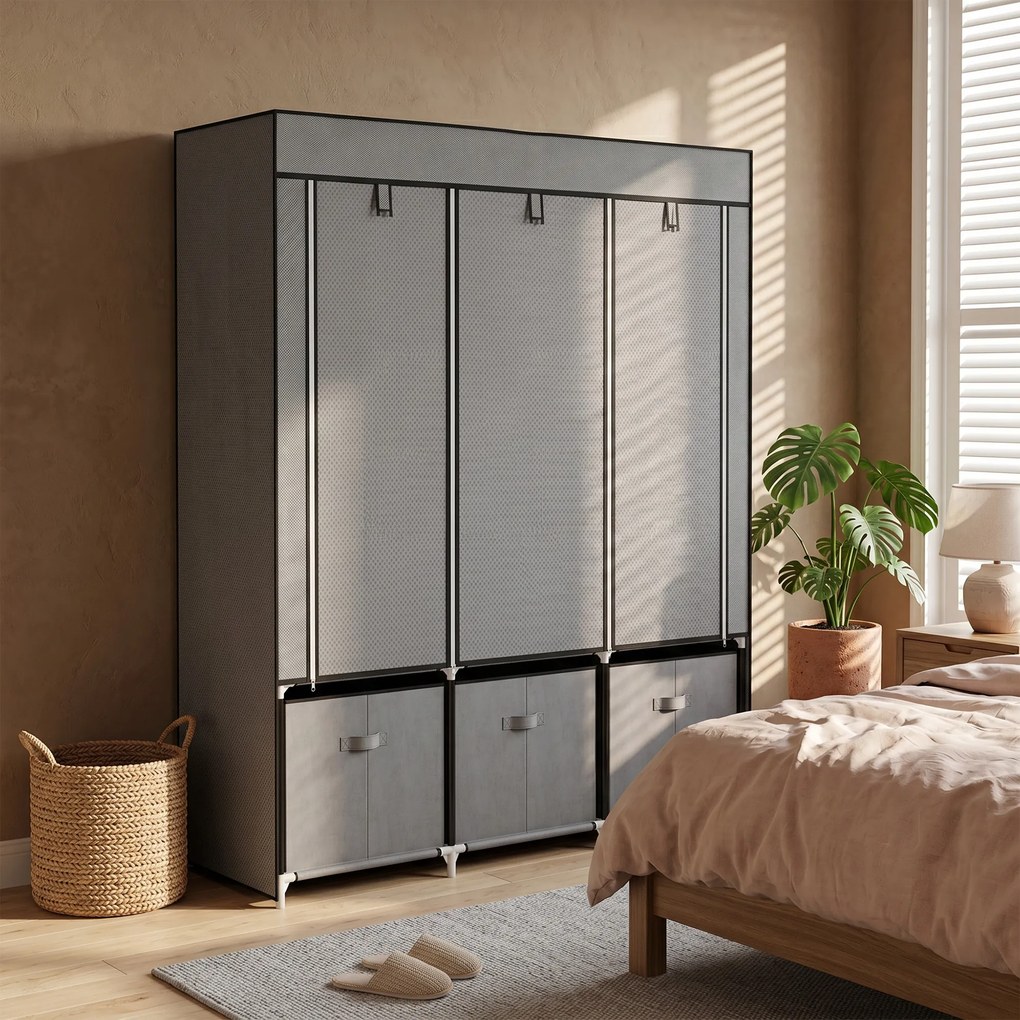 HOMCOM Șifonier din Pânză, Garderob Pliabil cu Rafturi și Sertare, Uși care se Rulează cu Fermoar, 125x43x162.5 cm, Gri | Aosom Romania