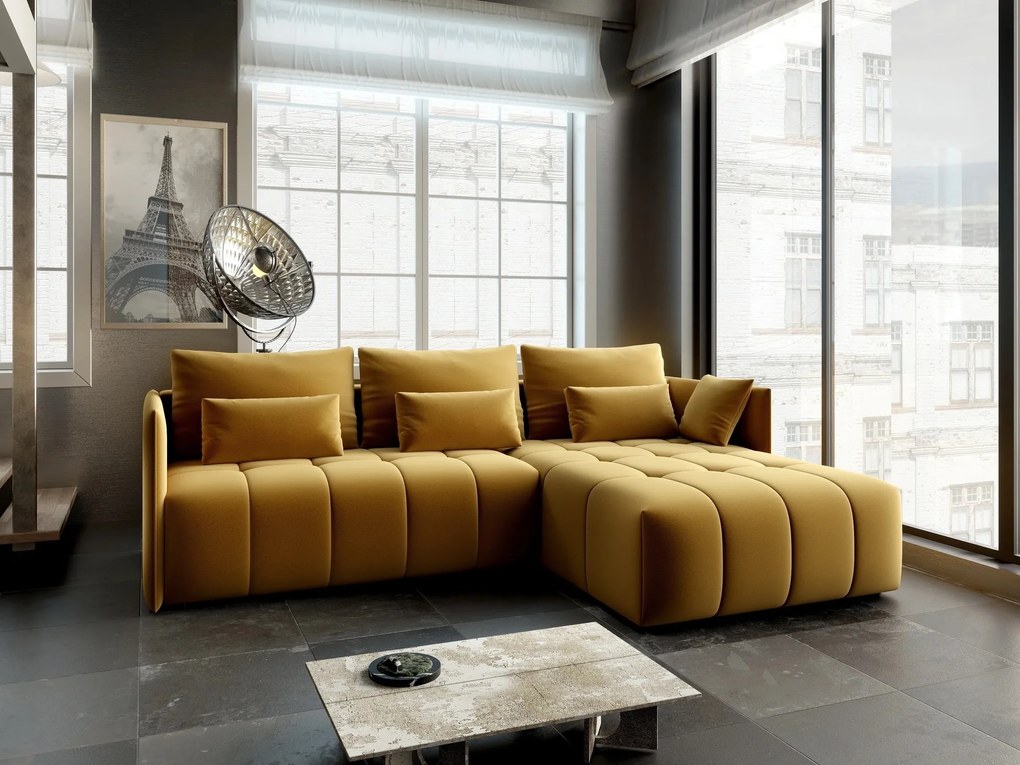 Colțar extensibil dumonde cu ladă de depozitare si sezut confortabil din spuma high-density, Malta Royal Muștar II 235x185 cm