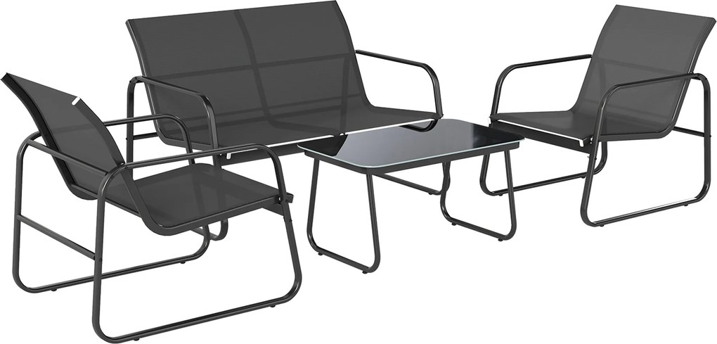 Outsunny Set Grădină Exterior 4 Piese cu Canapea 2 Locuri 2 Fotolii Masă cu Sticlă Securizată Țesătură Textilene Gri închis | Aosom Romania