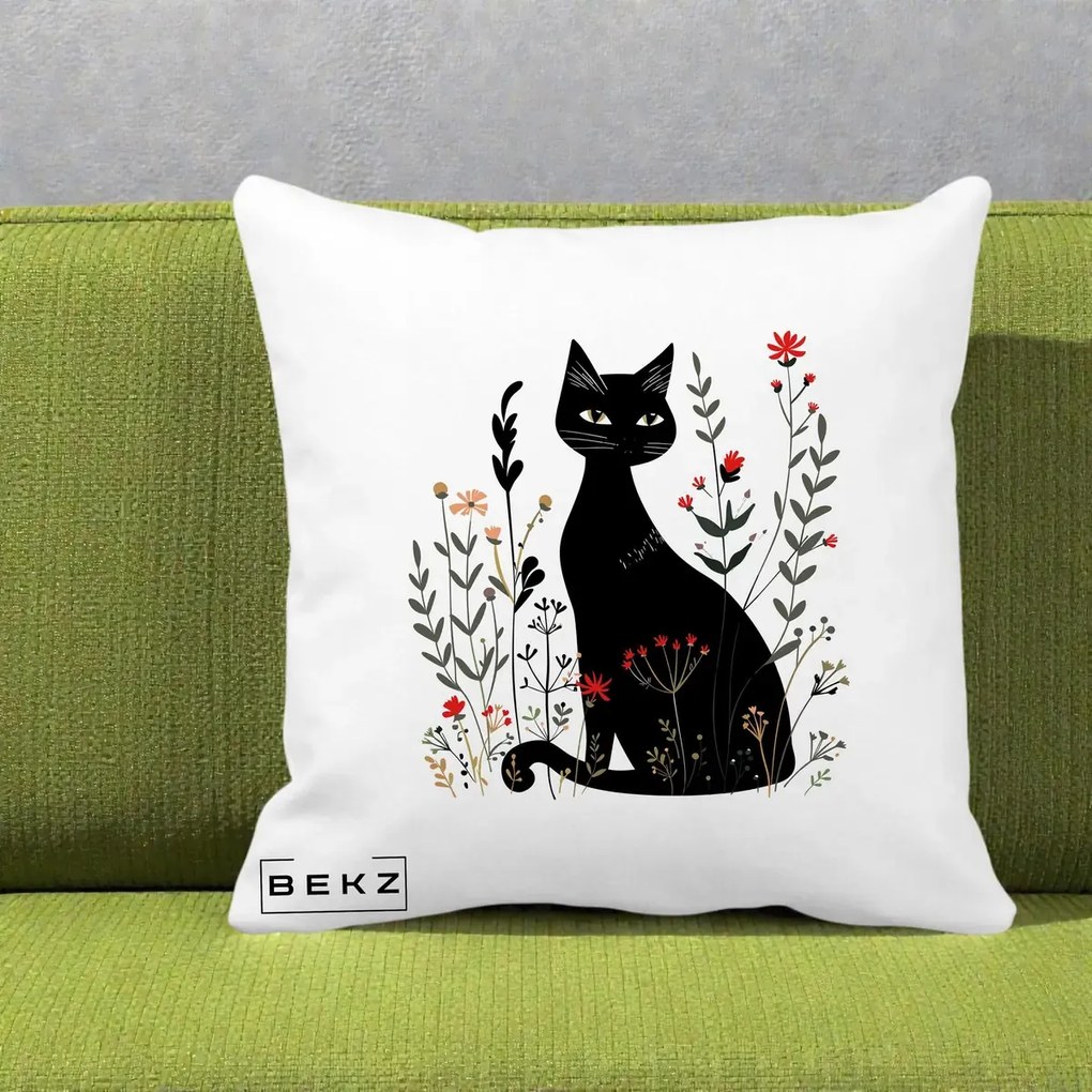 Perna Decorativa Pisica Neagra Botanica Rosu-Gri, 40x40 cm, Alba Mata, Husa Detasabila, Perna Inclusa, BEKZ®
