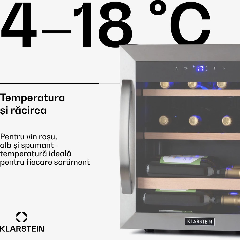Klarstein Vinetage 12 Uno, răcitor de vin, 12 sticle 46 l, 4-18°C, 40 dB, sticlă