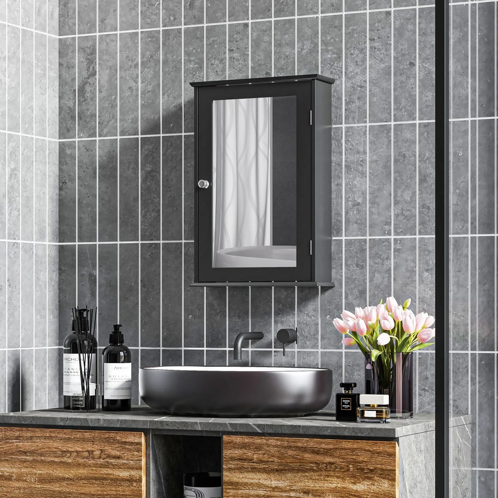 kleankin Mobilier de Baie Dulap Suspendat cu Oglindă 41x14x60cm Negru | Aosom Romania
