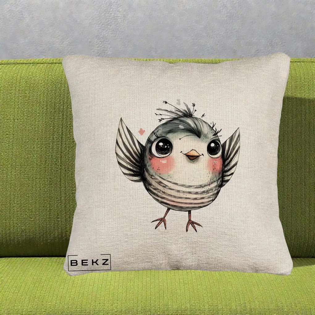 Perna Decorativa Pasare Gri cu Aripi si Inimioare, 40x40 cm, Bej Canapea, Husa Detasabila, Perna Inclusa, BEKZ®
