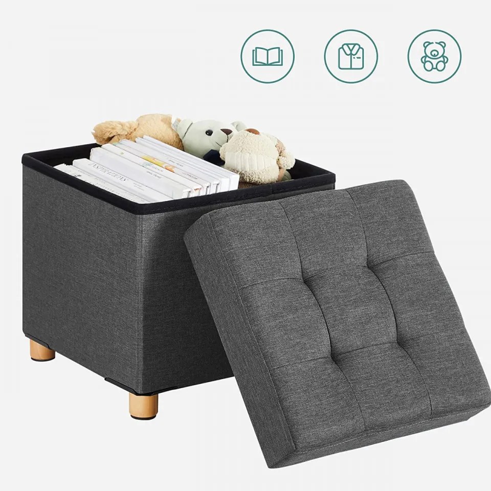 Taburet cu capac si spatiu depozitare, textil / MDF, gri, Songmics