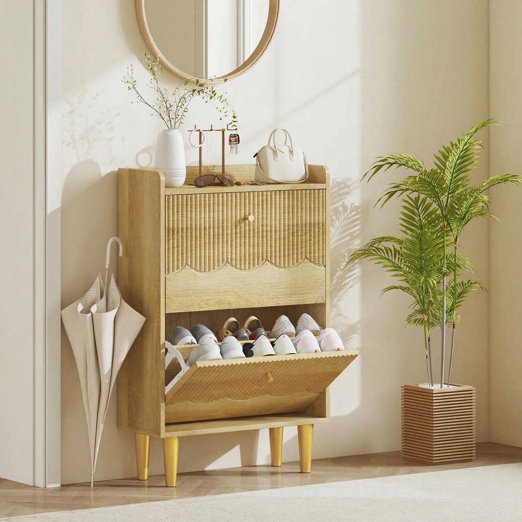 HOMCOM Dulap pentru încălțăminte 12 perechi, dulap îngust pentru încălțăminte, 2 sertare rabatabile polițe reglabile, 60x24x92cm, stejar | Aosom Romania
