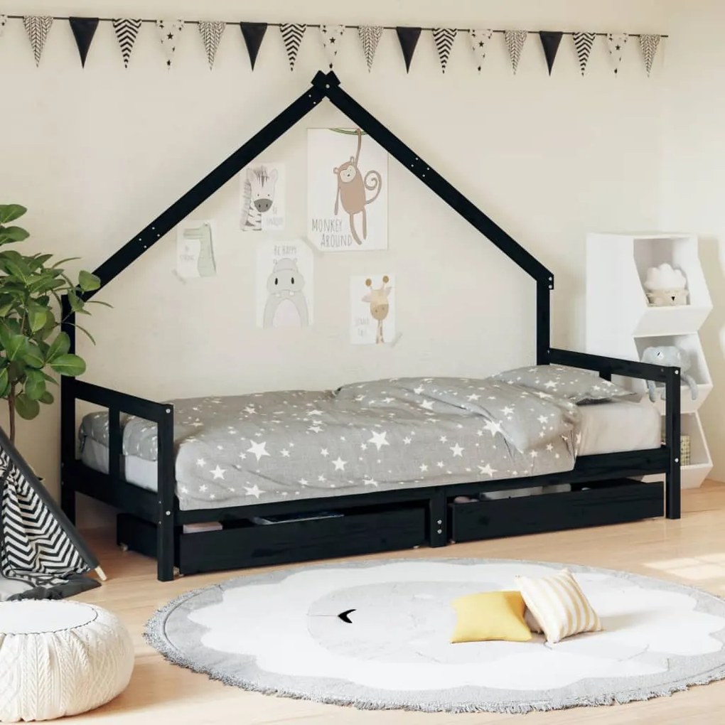Cadru pat copii cu sertare, negru, 80x200 cm, lemn masiv de pin