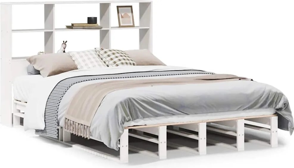 vidaXL Pat cu bibliotecă fără saltea, alb, 140x190 cm, lemn masiv