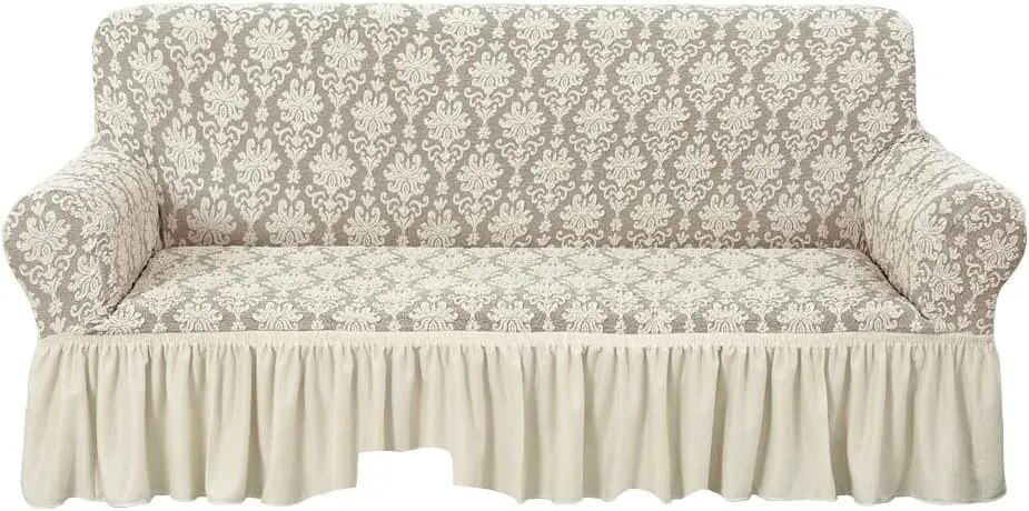 Husa elastica pentru canapea 3 locuri, cu volanas, model Jacquard, Bej Natur