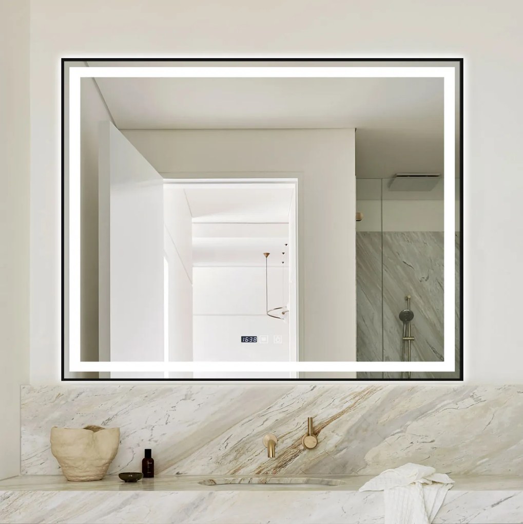 Oglindă Baie LED și Dezaburire Elit's Premium cu Senzor Touch, Lumina Rece, Caldă și Neutră, 120x80 cm, cu rama Negru Antichizat, Ceas
