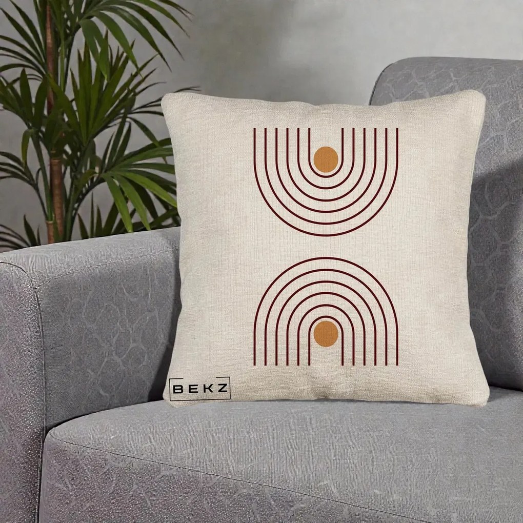 Perna Decorativa Geometric Boho Arc, 40x40 cm, Bej Canapea, Husa Detasabila, Perna Inclusa, BEKZ®