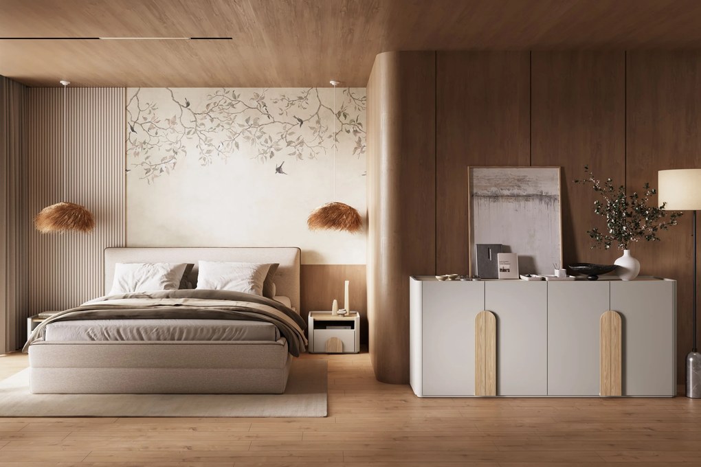 Comodă cu patru uși Amilio 200 cm - cashmere / stejar uleiat / mânere stejar deschis