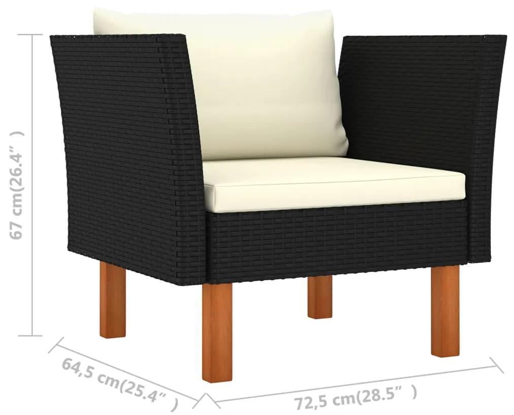 Set mobilier gradina 9 piese negru poliratan lemn eucalipt Negru, 3x canapea de colt + 4x canapea de mijloc + fotoliu + suport pentru picioare, 1