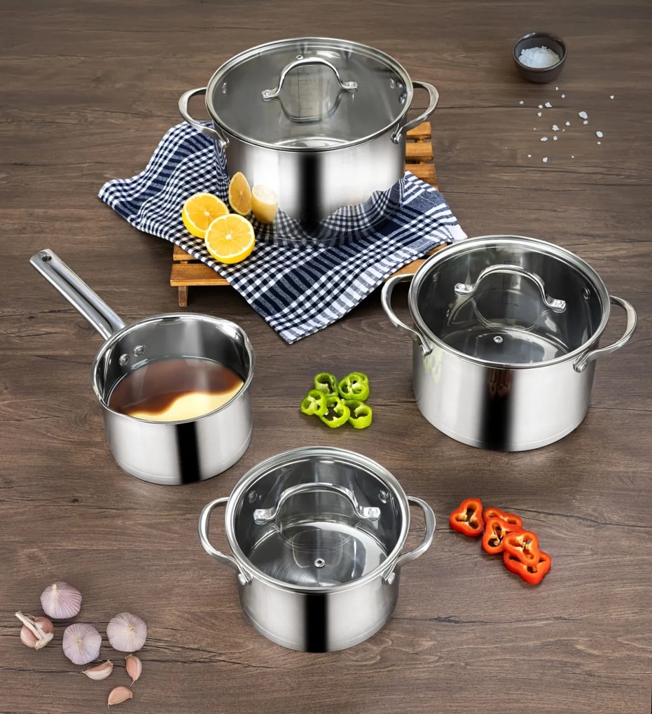 Set vase de gatit din inox Zilan ZLN1344 cu 7 piese, manere nituite, Compatibil gaz, inductie electric, Compatibil masina de spalat vase