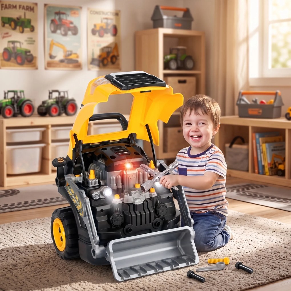 AIYAPLAY Atelier Excavator Jucărie pentru Copii cu Motor, 68 Accesorii, Efect Abur și Sunete, 46x41x47 cm, Galben | Aosom Romania