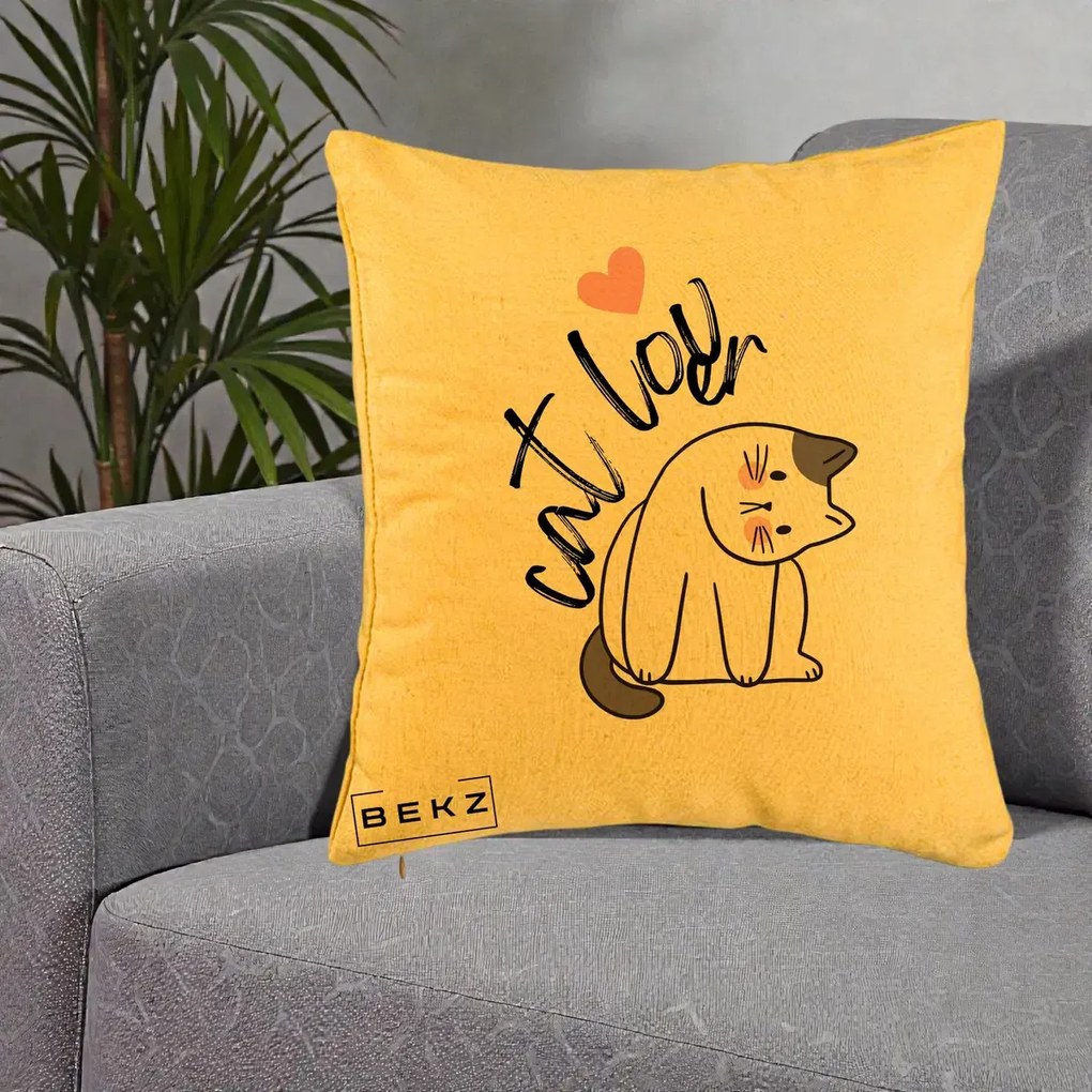 Perna Personalizata Cat Lover Pisica Ilustratie Linie, 40x40 cm, Galben, Husa Detasabila, Perna Inclusa, BEKZ®