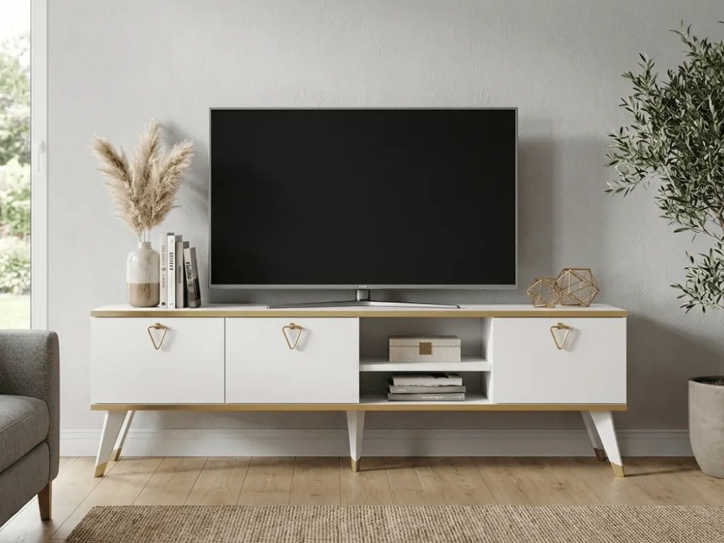 OFERTA Comoda TV CAROL 160 cm, alb/auree II. calitate