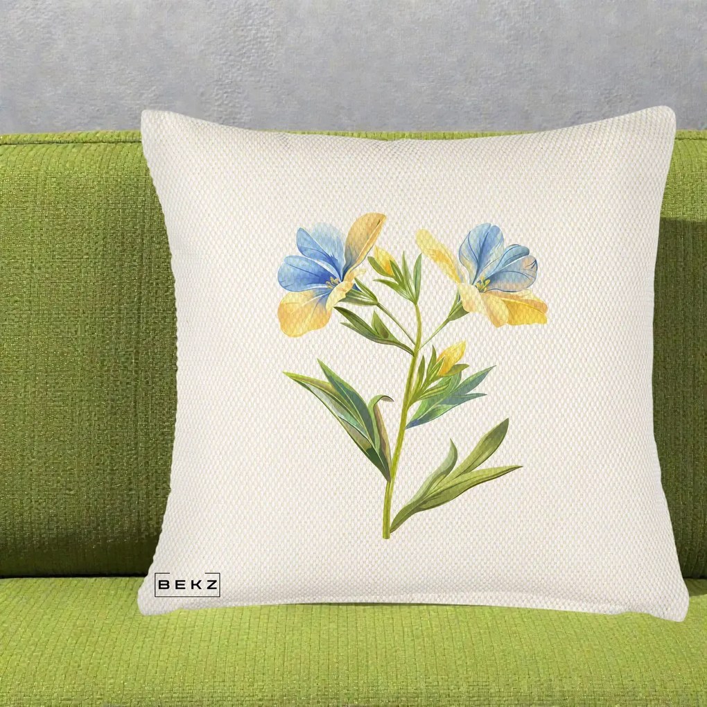 Perna Decorativa Botanica Frezie Galbena si Albastra, 40x40 cm, Crem Reliefat, Husa Detasabila, Perna Inclusa, BEKZ®
