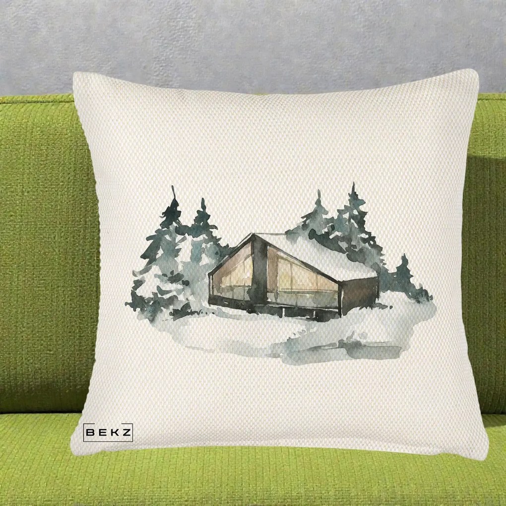 Perna Decorativa Cabana de Iarna in Padure, 40x40 cm, Crem Reliefat, Husa Detasabila, Perna Inclusa, BEKZ®