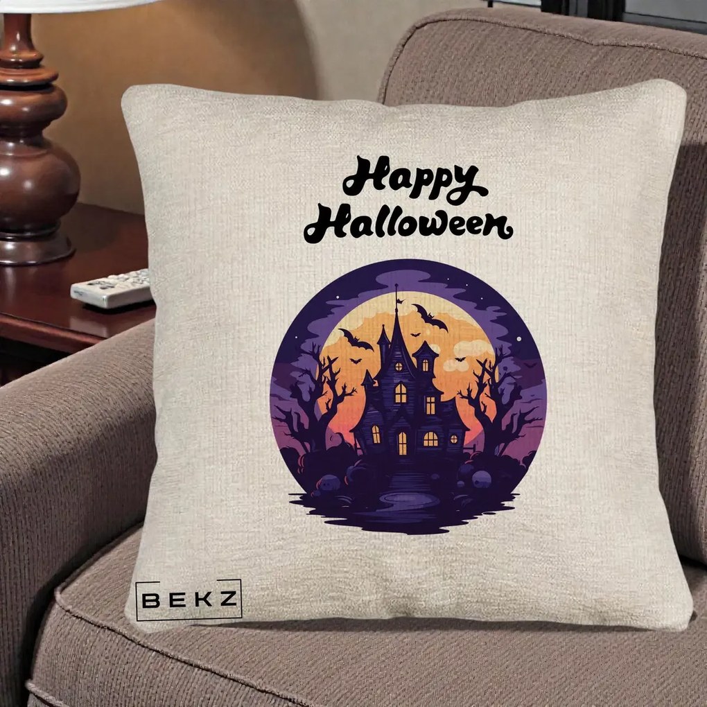Perna Decorativa Happy Halloween Casa Bantuita Violet, 40x40 cm, Bej Canapea, Husa Detasabila, Perna Inclusa, BEKZ®